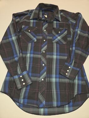 Wrangler Men’s Blue & Black Plaid Western Shirt Vintage